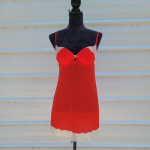 Victoria’s Secret Red Gold Lace Babydoll Lingerie Dress Top Push Up Bra 34C
